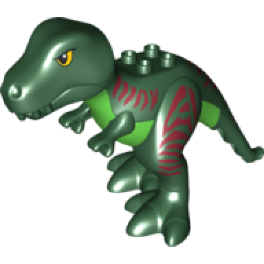 dark green duplo dinosaur tyrannosaurus rex with dark red stripes and bright green stomach pattern