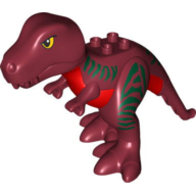 dark red duplo dinosaur tyrannosaurus rex with dark green stripes and red stomach pattern