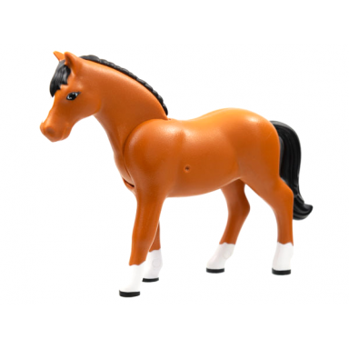dark orange horse belville with black mane and tail and white blaze and feet pattern