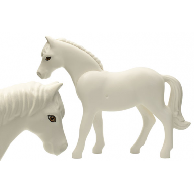 white horse belville with black rimmed eyes with white and dark orange irises pattern