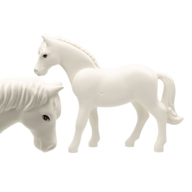 white horse belville with black rimmed eyes with brown irises black pupils small pattern