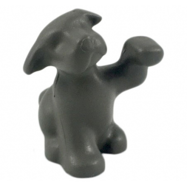dark gray dog belville sitting with raised paw