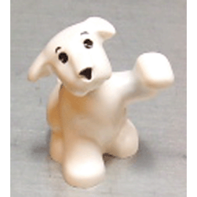 white dog belville sitting with raised paw with black eyes eyebrows and nose pattern