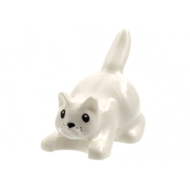 white cat crouching with black eyes nose and whisker dots pattern