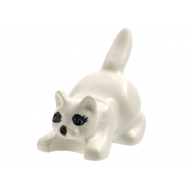 white cat crouching with medium blue eyes black pupils eyelashes and nose pattern