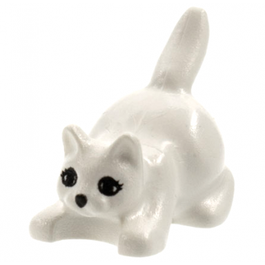 white cat crouching with black eyes eyelashes and nose pattern