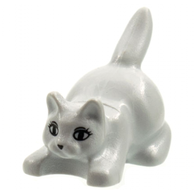 very light bluish gray cat crouching with black eyes eyelashes and nose pattern