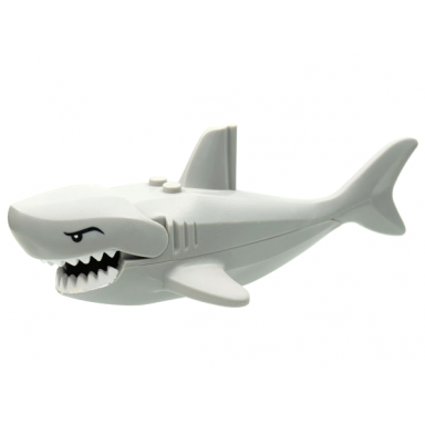light bluish gray shark large with gills with white teeth and black eyes with eyelids pattern