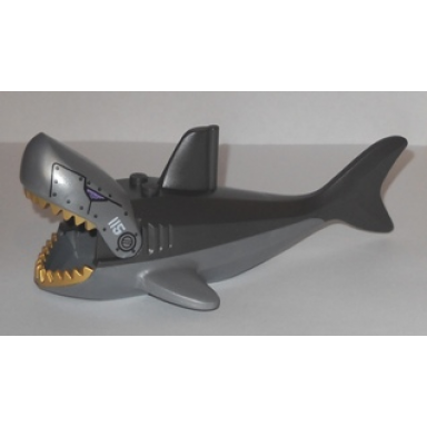 flat silver shark large with gills with gold teeth pearl dark gray dorsal side medium lavender eyes armor plates with rivets and white 115 pattern sharkanator
