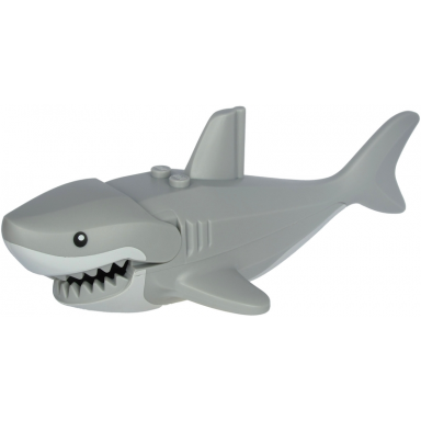 light bluish gray shark large with gills with white mouth and stomach and black eyes pattern