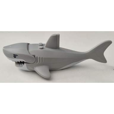 light bluish gray shark large with gills with white mouth and stomach and black eyes with eyelids pattern
