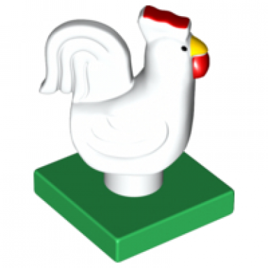 white duplo chicken rooster eyes front on green base