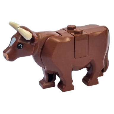 reddish brown cow with light nougat muzzle and white spot on head pattern with short horns plate on top