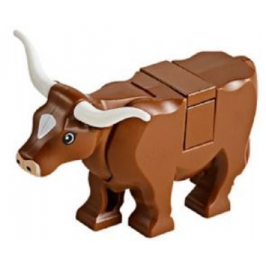 reddish brown cow with light nougat muzzle and white spot on head pattern with long horns tile on top