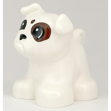 white duplo dog bulldog with dark brown spots on face pattern