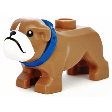 medium nougat dog bulldog with molded blue collar and printed black eyes nose and mouth and white muzzle pattern