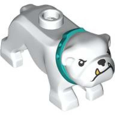 white dog bulldog with molded dark turquoise collar and printed black eyes eyebrows nose and mouth and gold tooth pattern
