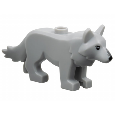 wolf with stud on back with black eyes and nose dark bluish gray fur on muzzle pattern