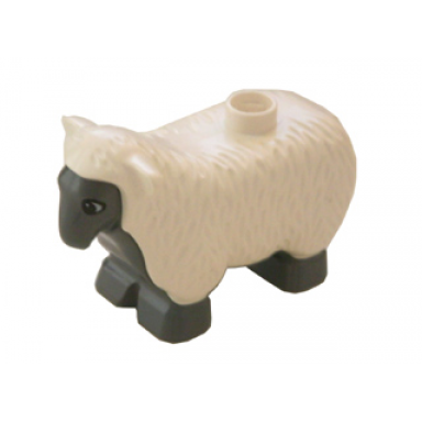 white duplo sheep with standing ears dark bluish gray face chest stomach and feet