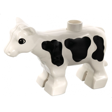 white duplo cow baby calf with eyes and black spots pattern