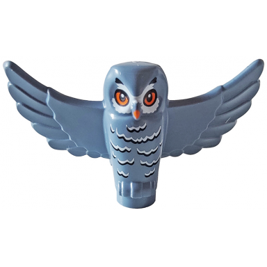 sand blue owl spread wings with orange beak and eyes black and white rippled chest feathers pattern