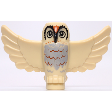 tan owl spread wings with black beak and eyes and light bluish gray and dark orange rippled chest feathers pattern bam