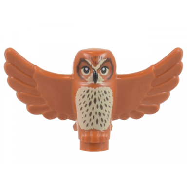 dark orange owl spread wings with black beak and eyes tan chest and dark brown stippled chest feathers pattern