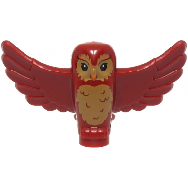 dark red owl spread wings with orange beak and eyebrows black eyes and medium nougat rippled chest feathers pattern
