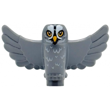 dark bluish gray owl spread wings with bright light orange beak and eyes black and white face and light bluish gray rippled chest feathers pattern hp erroll
