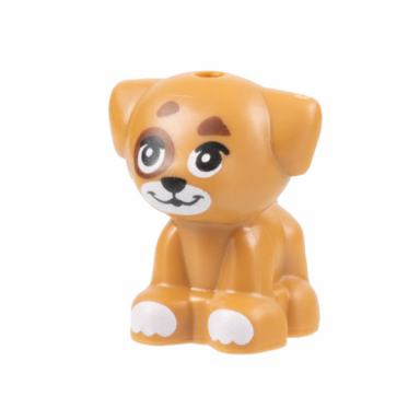 medium nougat dog friends puppy standing small with white muzzle and paws and reddish brown spots pattern