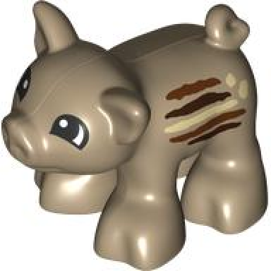 dark tan duplo pig baby piglet short with reddish brown dark brown and tan stripes and black eyes with white pupils pattern boar