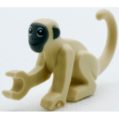 tan monkey with molded dark bluish gray face and ears printed black eyes nostrils and mouth pattern