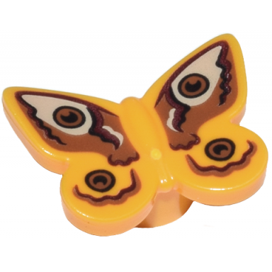 bright light orange butterfly with stud holder with medium nougat tan and reddish brown wings pattern