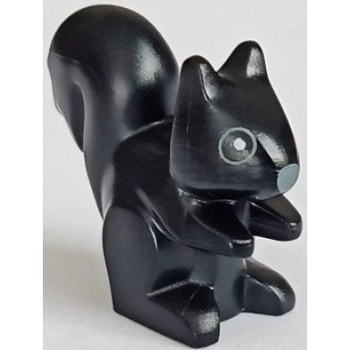 black squirrel with dark bluish gray nose and circles around eyes with white pupils pattern
