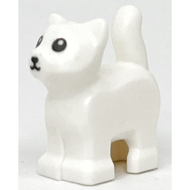 white cat baby kitten standing with black mouth nose and eyes with white pupils pattern