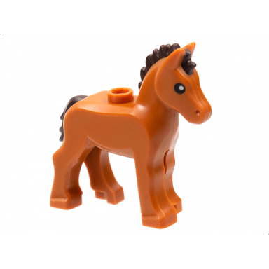 dark orange horse foal with stud on back with molded dark brown mane and tail and printed black eyes pattern