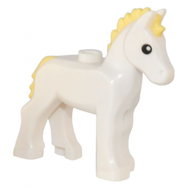white horse foal with stud on back with molded bright light yellow mane and tail and printed black eyes pattern