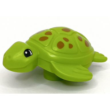 lime duplo turtle with black eyes and dark orange spots pattern