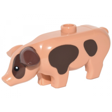nougat pig with black eyes white pupils and dark brown spots pattern