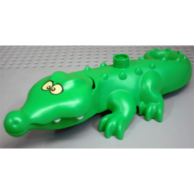 bright green duplo alligator crocodile large with opening jaw and wide snout with crossed eyes