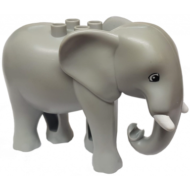 light bluish gray duplo elephant adult walking with white tusks black eyes squared pattern