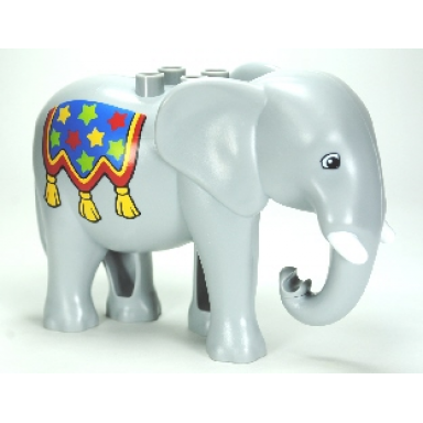 light bluish gray duplo elephant adult walking with white tusks black eyes squared blue blanket with tassels and lime red and yellow stars pattern