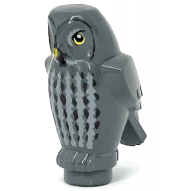 dark bluish gray owl angular features with yellow beak yellow eyes and light bluish gray and dark brown chest feathers pattern hp errol