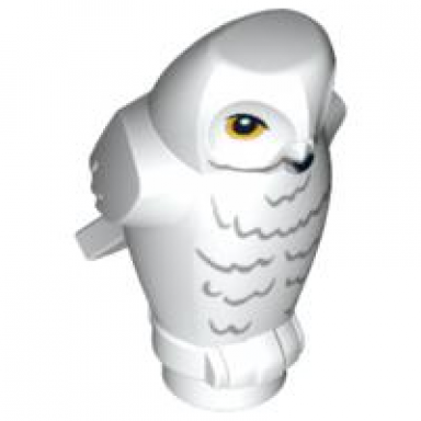 white owl angular features with black beak bright light orange eyes and dark bluish gray rippled chest feathers pattern hp hedwig
