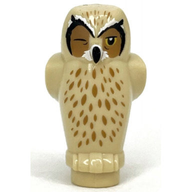 tan owl angular features with black beak yellow eyes with one closed and medium nougat chest feathers and forehead spots pattern