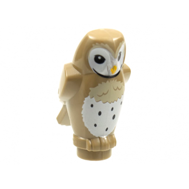 dark tan owl angular features with bright light orange beak black eyes and tan and white chest feathers pattern
