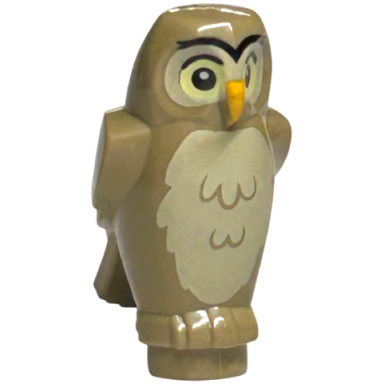 dark tan owl angular features with bright light orange beak black eyes with bright light yellow outline and tan chest feathers pattern