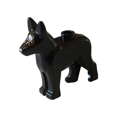 black dog alsatian german shepherd with white eyes with gold outline and silver muzzle and lines pattern celestial dog