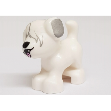 white dog friends puppy standing with fur over eyes black nose open mouth with tongue and light bluish gray ears pattern max
