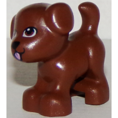 reddish brown dog friends puppy standing with black nose and mouth and bright pink tongue pattern dash